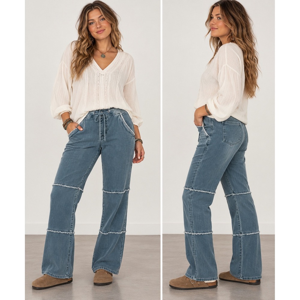 Sundance Corduroy Pants Womens 4 Blue Tiered Raw Hem Drawstring Boho Festival